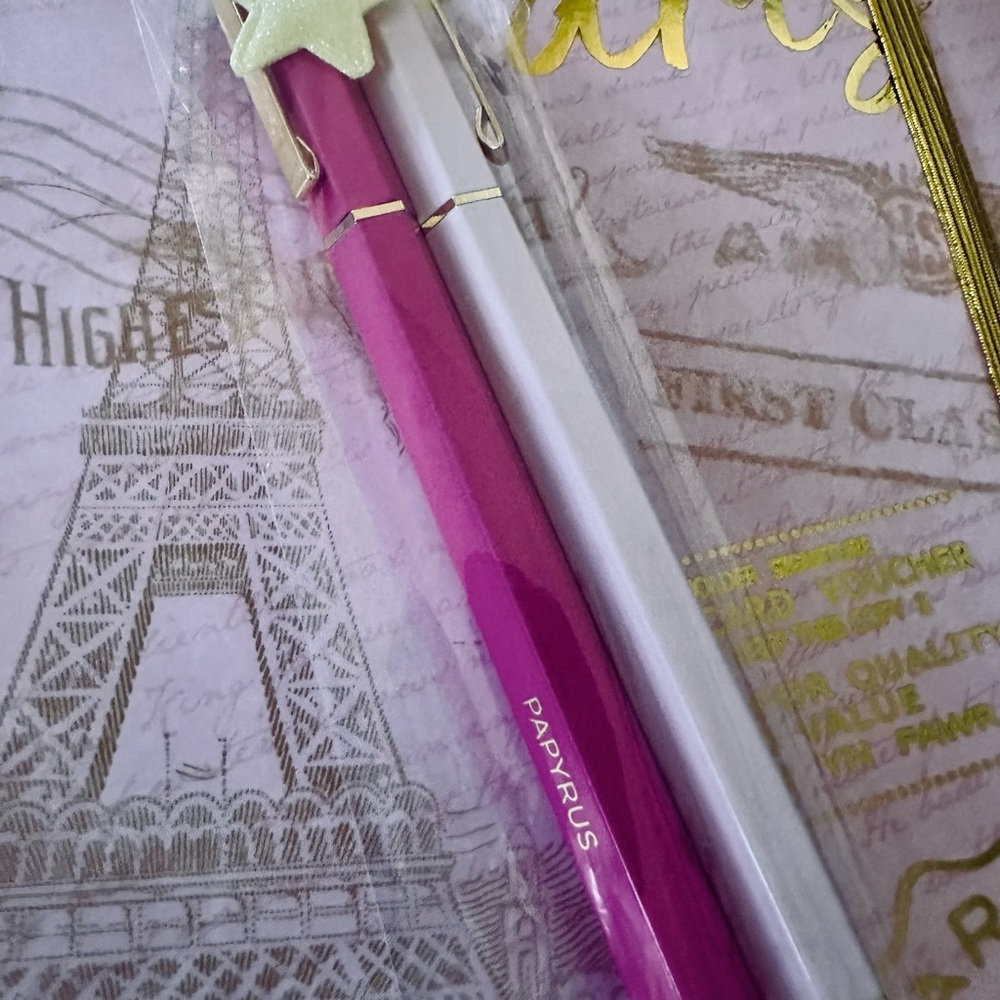 Paris Themed Pink & Gold 320 page Notebook with Papyrus Pink & Gold Pen Set - Picture 6 of 16